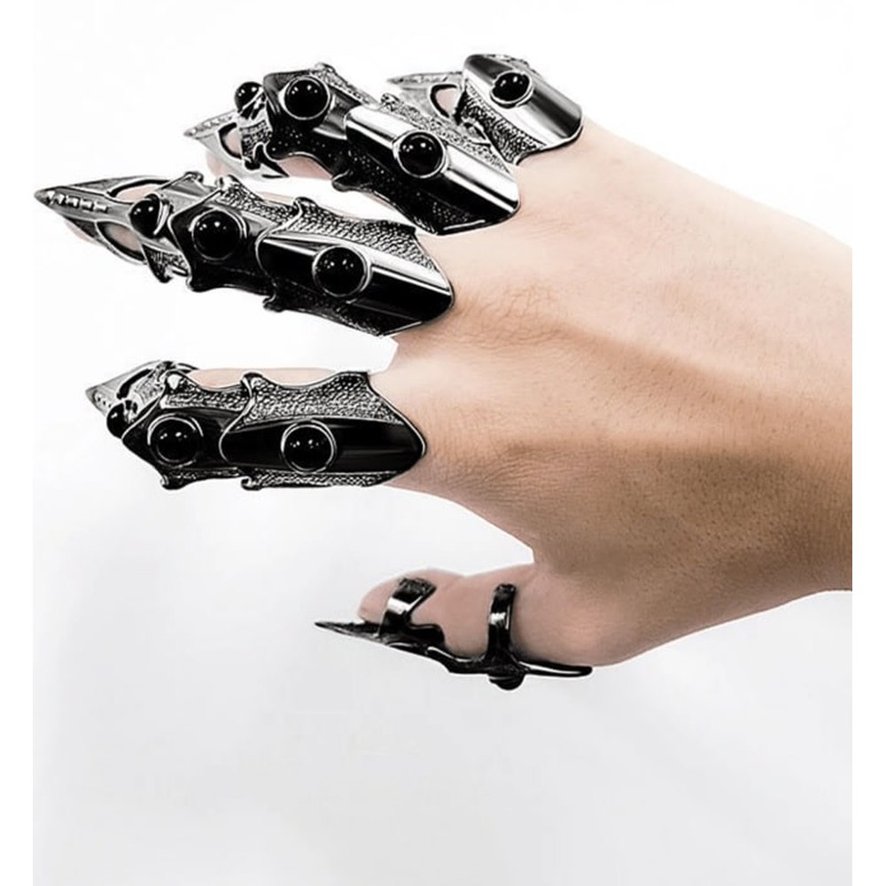 Zac's Alter Ego - 3D Gun Metal Skeleton with 5 Black Stone Full Finger Knuckle Rings Ring - Black